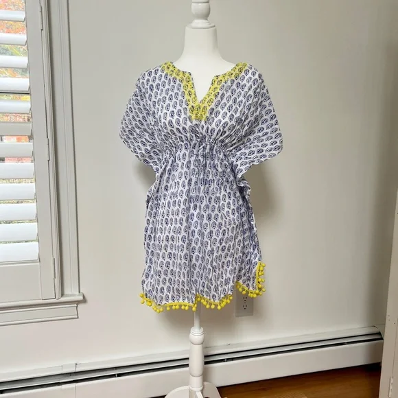 Stella & Dot blue & white paisley beach cover up. Yellow trip with pom poms. - Picture 1 of 4